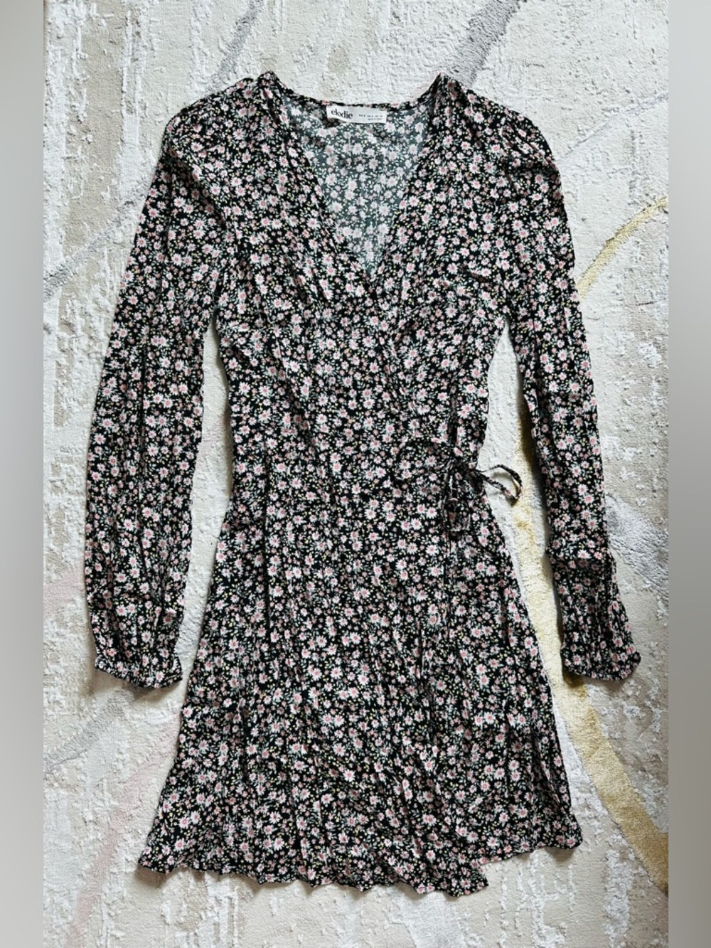 Elodie Black Floral Wrap Dress with Pink Ditsy Print